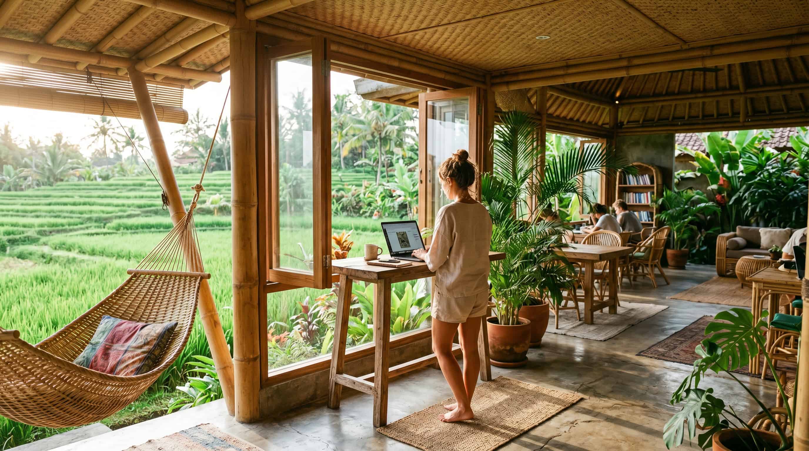 Tropical coworking space in Canggu Bali with open windows and a remote worker at a standing desk