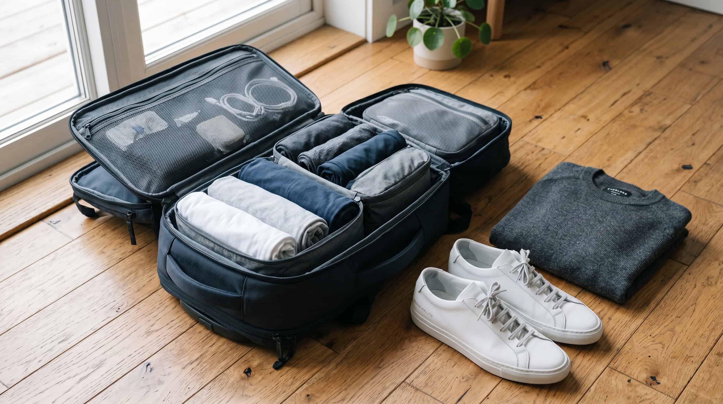 Open carry-on bag with packing cubes showing carry-on packing essentials for travel