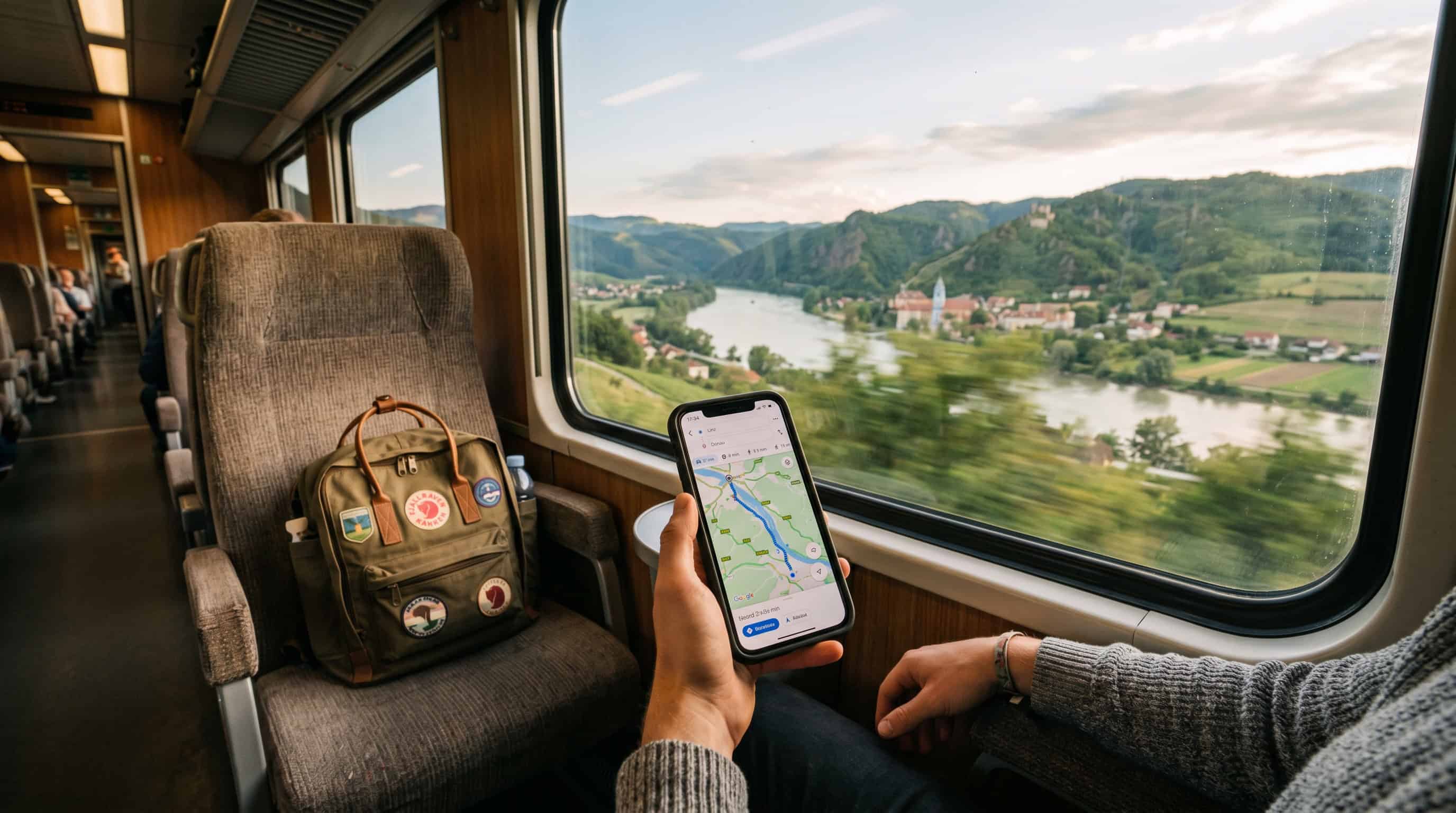 Traveller on a budget train or bus through Europe looking out at the countryside