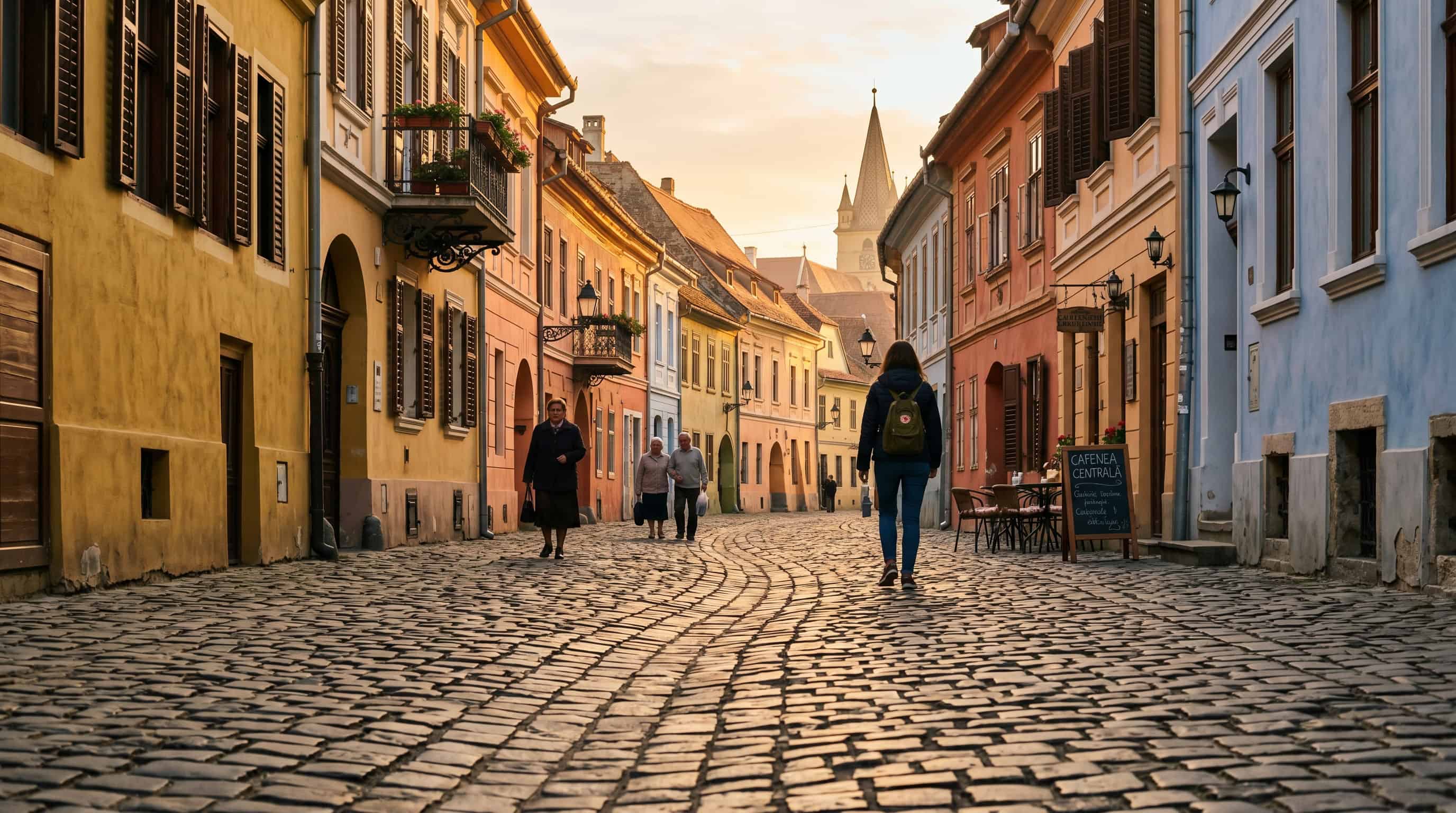 Golden hour on a cobblestone street in one of the cheapest countries in Europe to visit