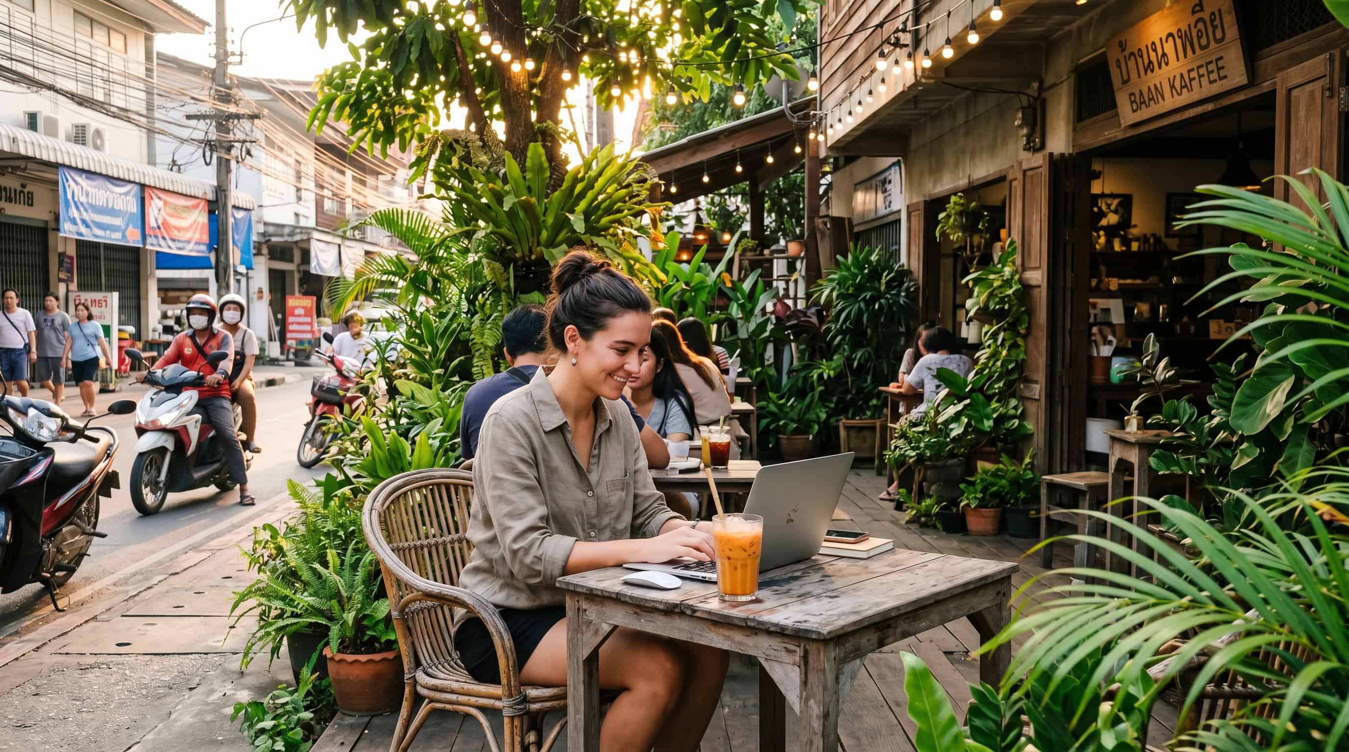 A digital nomad working at a laptop in a Chiang Mai café surrounded by tropical greenery