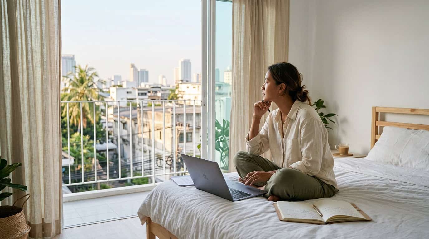 A digital nomad researching and planning which city to move to on a laptop in a bright minimalist room