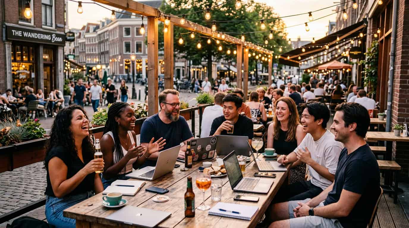 Digital nomad community meetup at an outdoor café terrace in 2026 with remote workers socialising