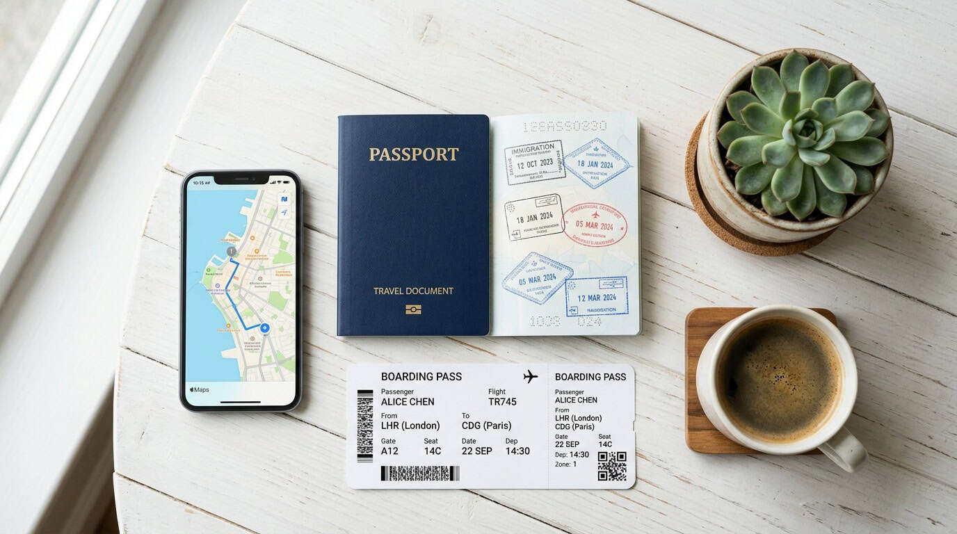 Flat lay of passport visa stamps travel documents and smartphone for digital nomad visa planning