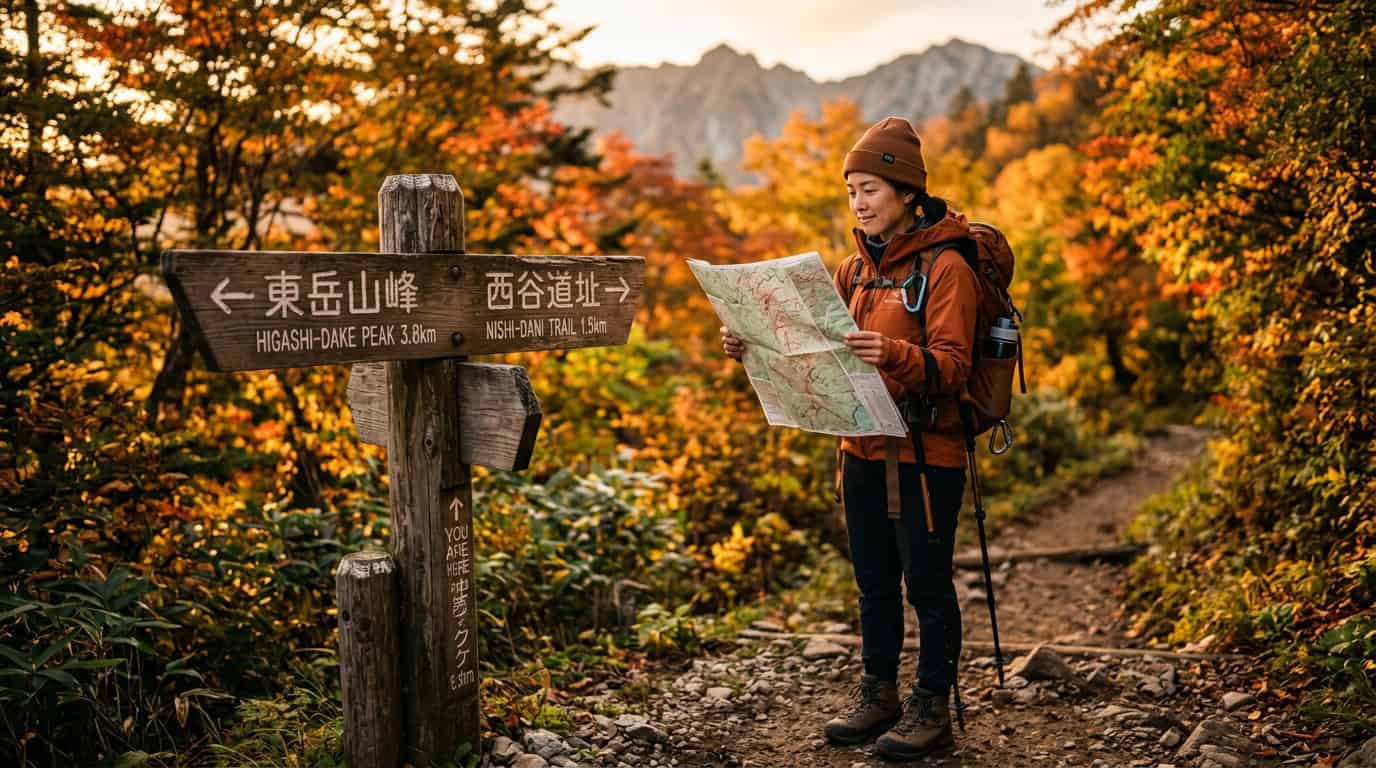 Hiker reading a trail map at a mountain signpost junction on one of the best hiking trails in Asia