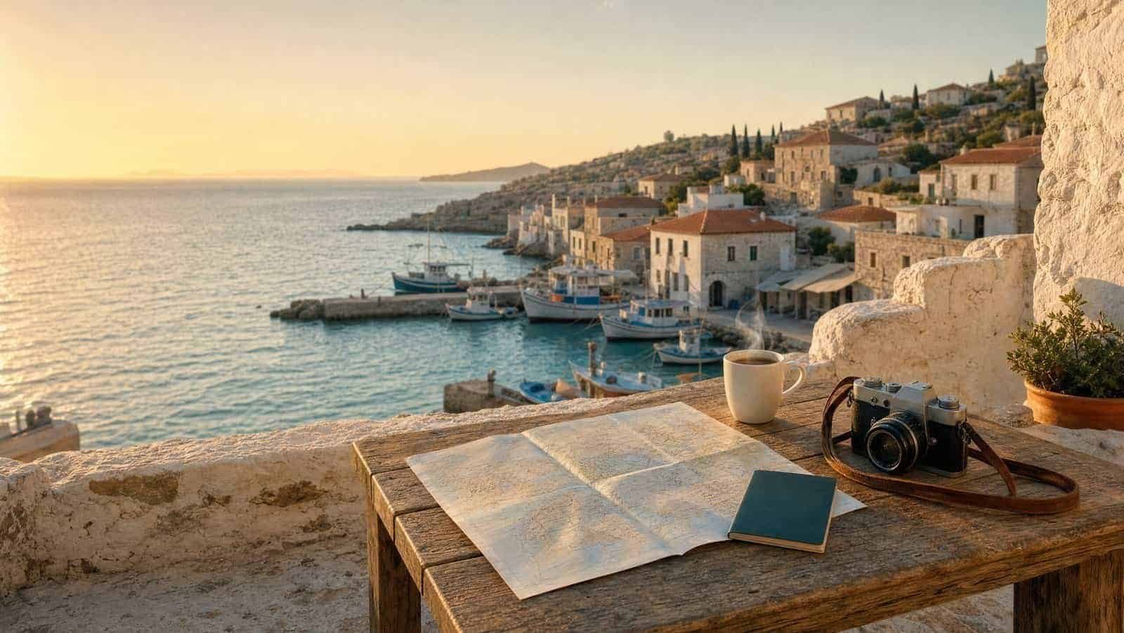holiday-vistas-travel-terrace-harbor-hero Sunlit stone terrace above a Mediterranean harbor with a map, passport, coffee and camera on a wooden table