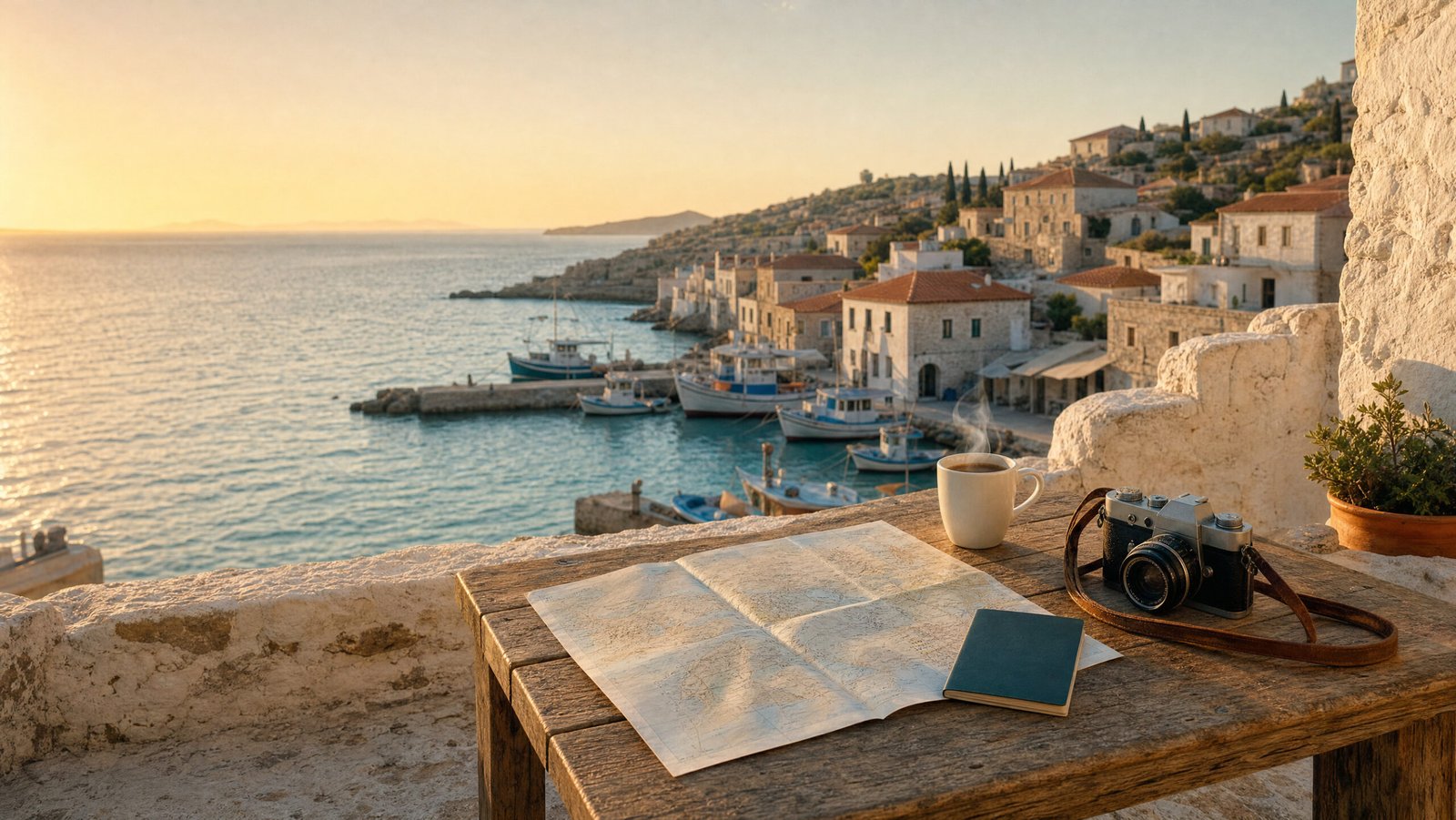 Sunlit stone terrace above a Mediterranean harbor with a map, passport, coffee and camera on a wooden table