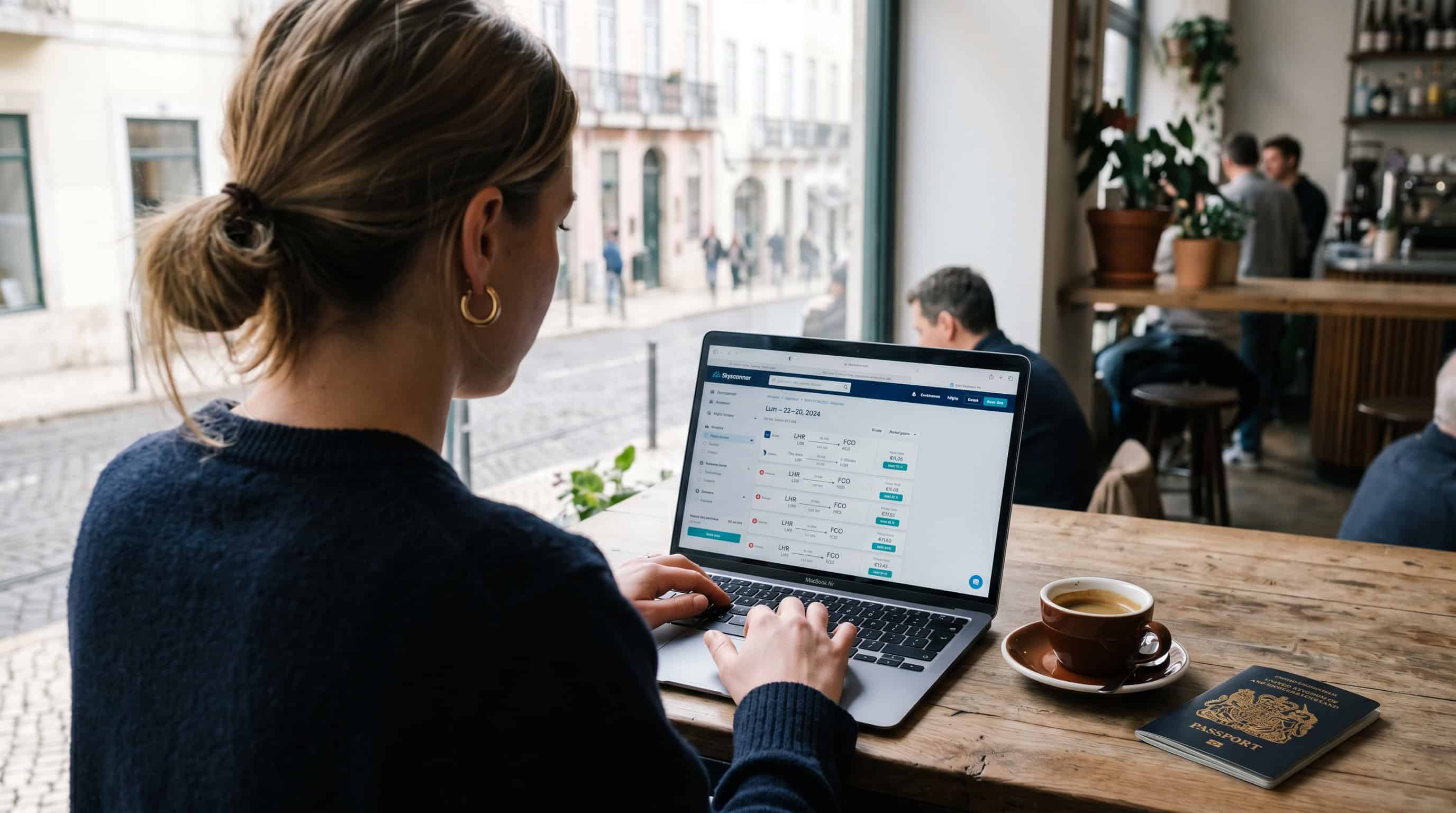 Traveller searching for cheap flights to Europe on a laptop at a café