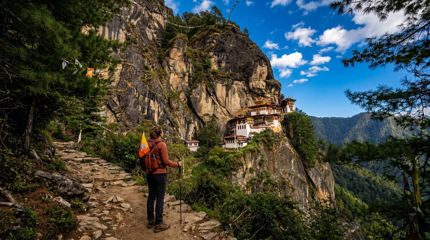 Hiker looking up at Tiger's Nest monastery on an intermediate hiking trail in Bhutan
