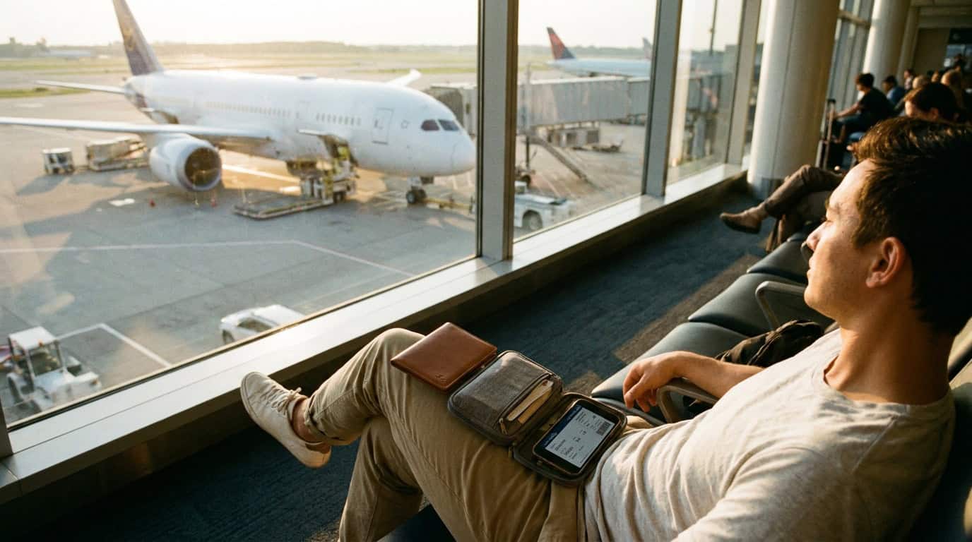 Traveller at airport gate with passport and documents completing their international travel checklist