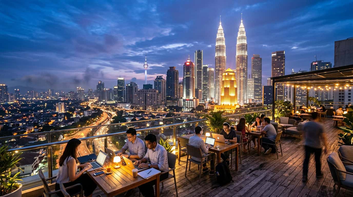 Kuala Lumpur skyline at dusk with Petronas Towers seen from a rooftop coworking terrace