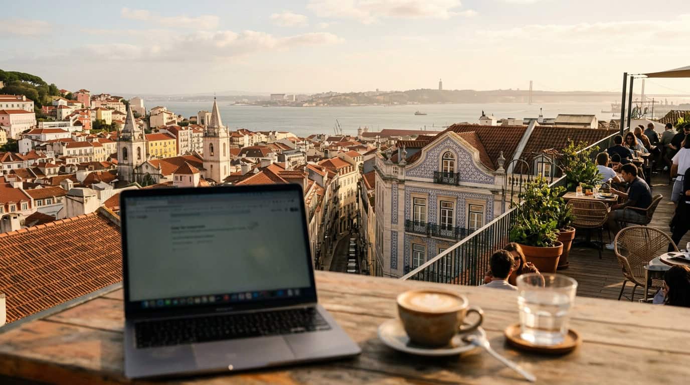 Rooftop café view in Lisbon Portugal with terracotta rooftops popular with remote workers