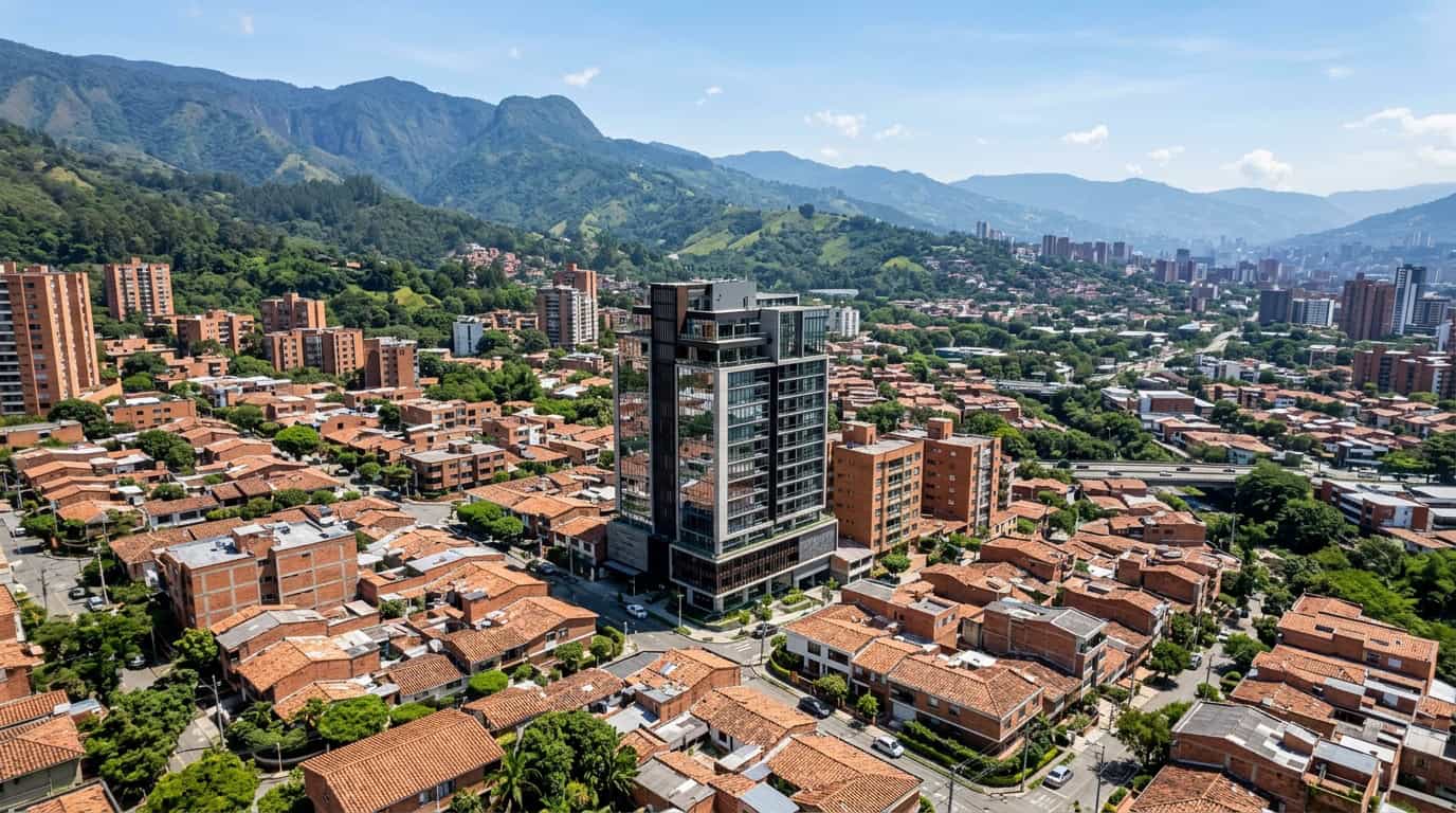 Aerial view of Medellín Colombia showing green hills and rooftops popular with digital nomads
