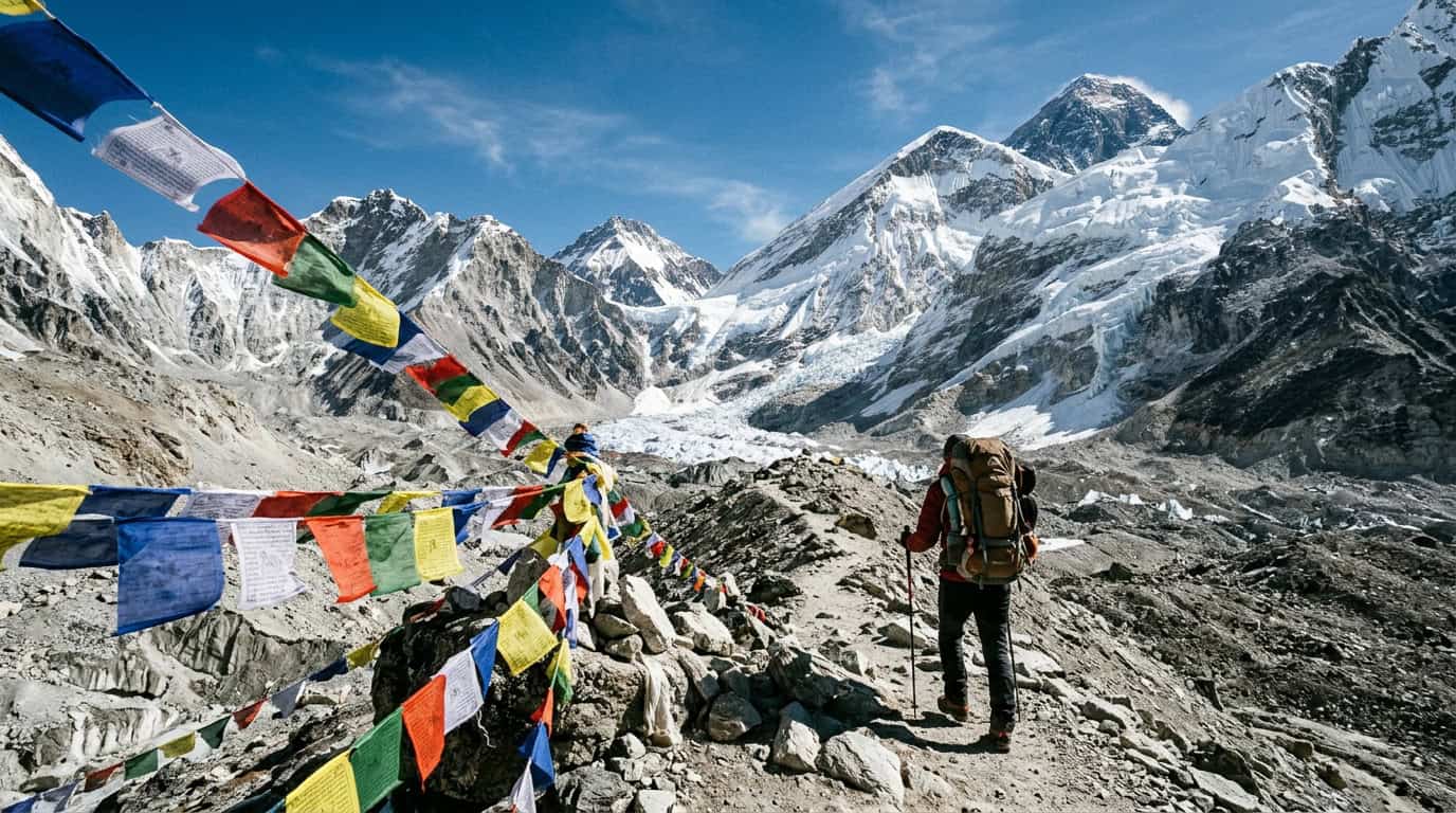 Trekker walking toward Everest Base Camp on one of the most iconic multi-day treks in Asia with Himalayan peaks in the background