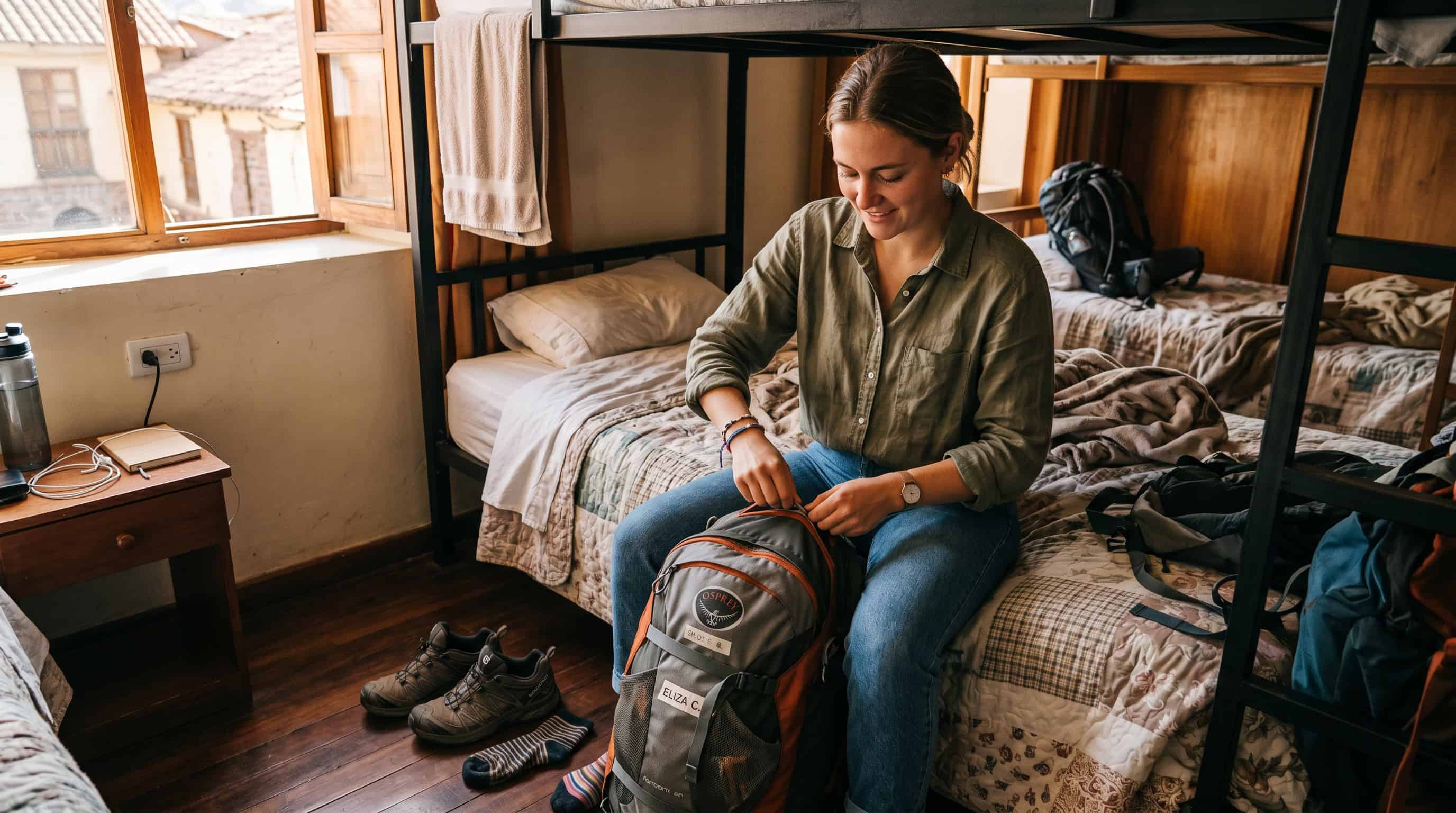 Traveller zipping up a compact backpack using packing light tips for one-bag travel