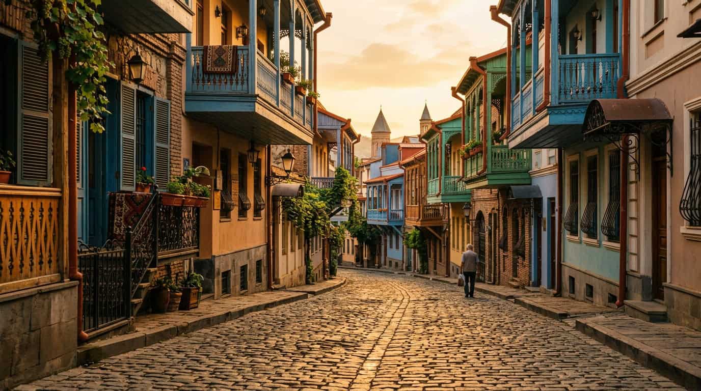 Tbilisi Georgia old town cobblestone street with wooden balconied buildings at golden hour