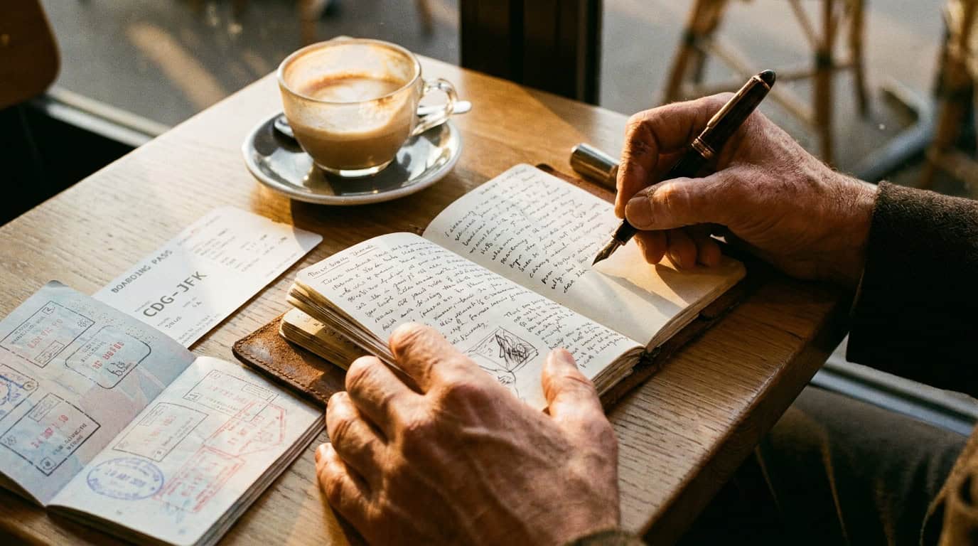 Traveller writing packing questions in a journal with passport and boarding pass on café table