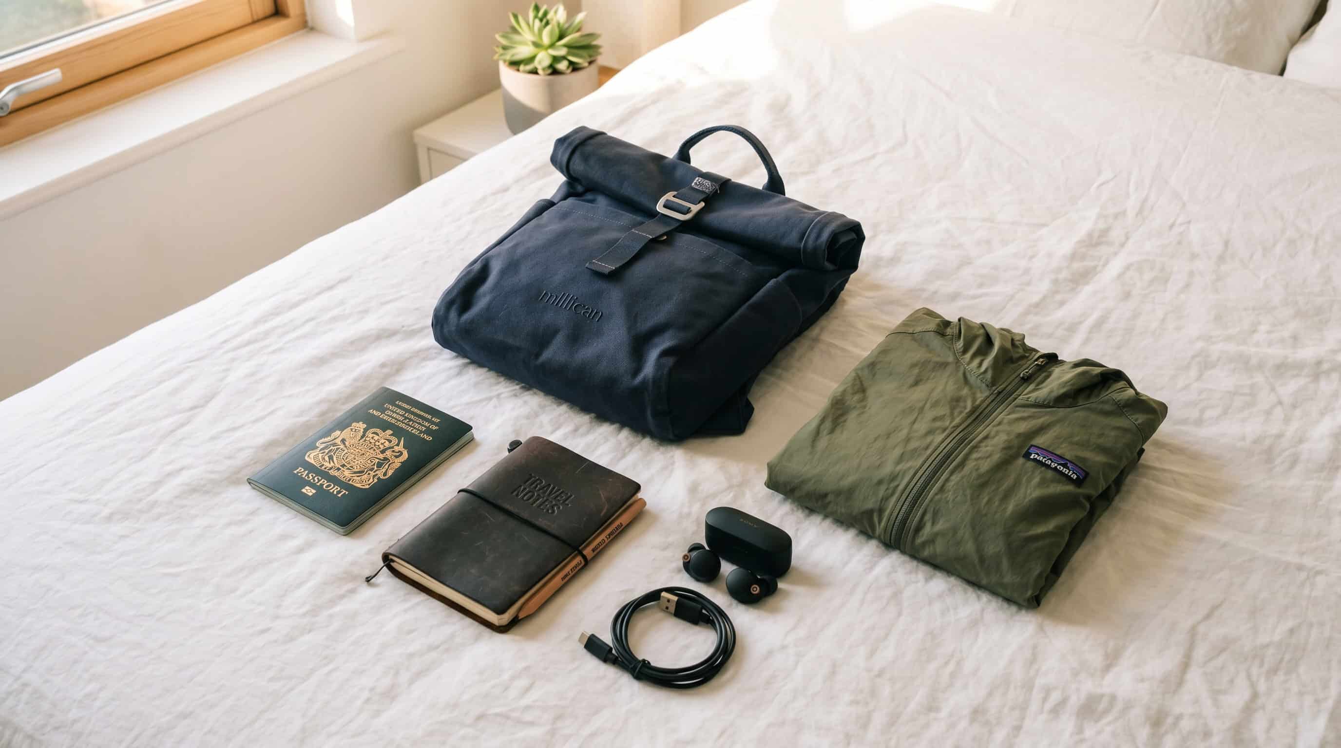 Flat lay of travel packing list essentials on a white bed including passport and compact backpack