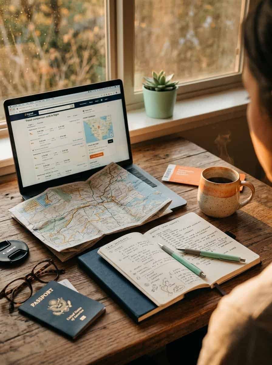 Travel planning desk with laptop, map and passport for comparing flight and hotel prices
