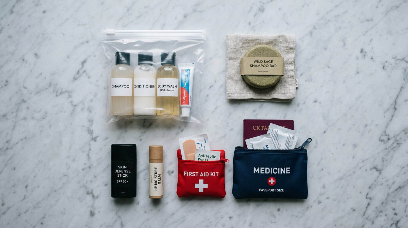 Flat lay of travel toiletries checklist items including solid shampoo bar and first aid kit