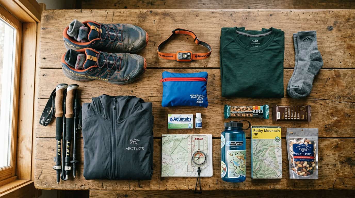 Flat lay of essential hiking gear and packing items for hiking trails in Asia